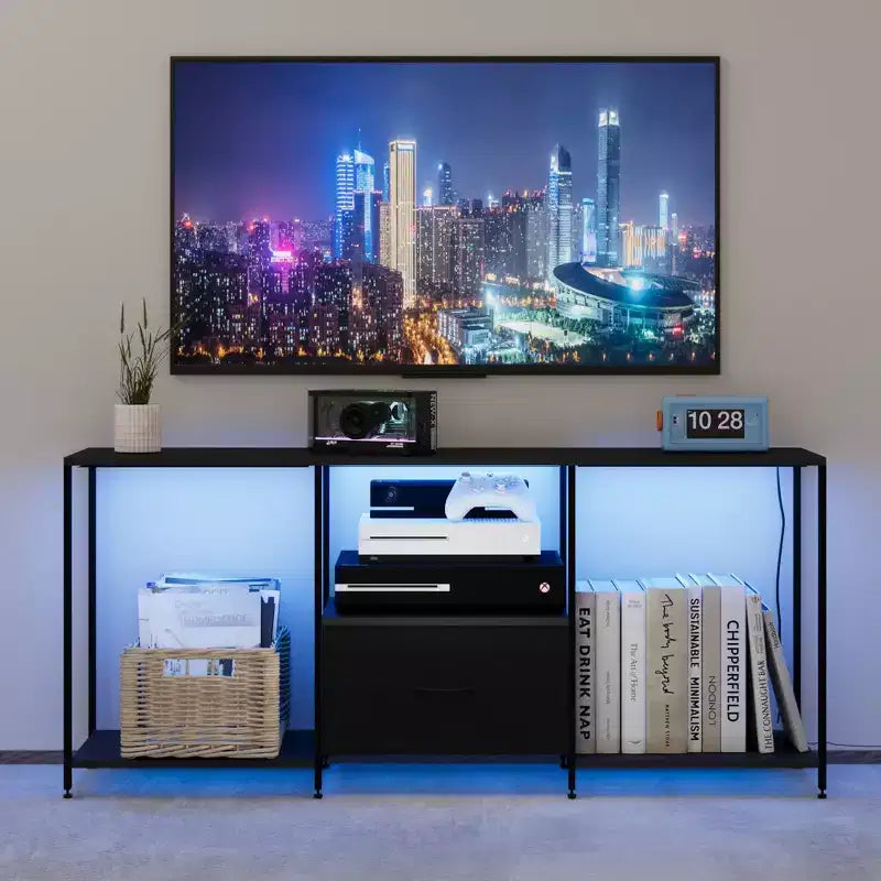 Meuble TV 46" avec LED, meuble de divertissement pour téléviseurs 55", meuble TV avec étagères de rangement, commode longue, pour chambre à coucher, salon, bureau, noir