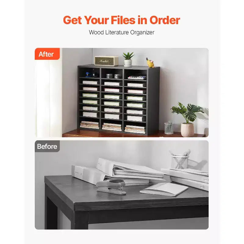 Organiseur de documents, boîte aux lettres de bureau à 24 compartiments avec étagères réglables, trieur de courrier en bois, gris