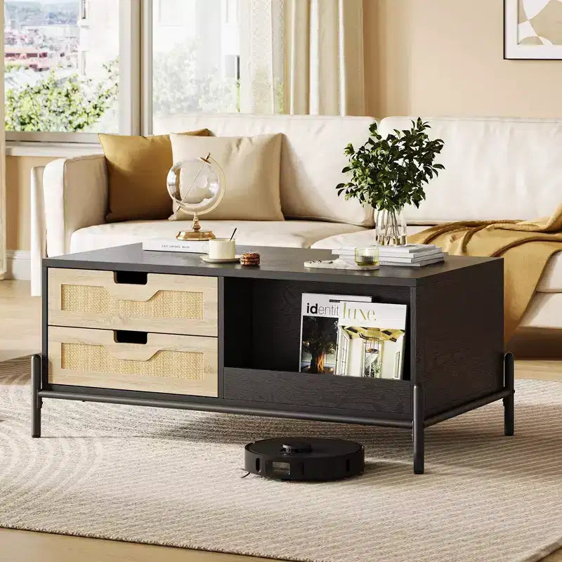 Table basse en rotin du milieu du siècle avec lumières LED, 4 tiroirs et étagère de rangement ouverte, table de salon en bois style ferme