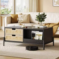 Table basse en rotin du milieu du siècle avec lumières LED, 4 tiroirs et étagère de rangement ouverte, table de salon en bois style ferme
