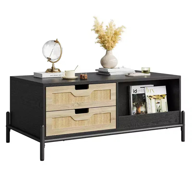 Table basse en rotin du milieu du siècle avec lumières LED, 4 tiroirs et étagère de rangement ouverte, table de salon en bois style ferme