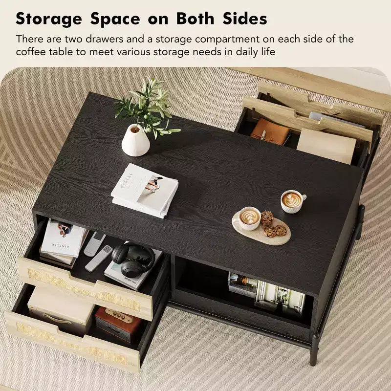 Table basse en rotin du milieu du siècle avec lumières LED, 4 tiroirs et étagère de rangement ouverte, table de salon en bois style ferme