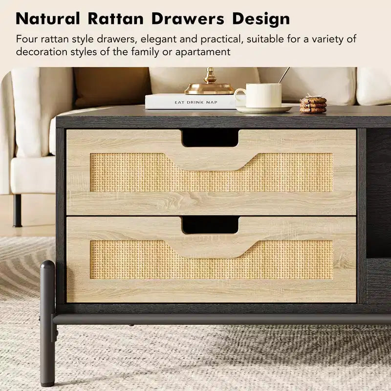 Table basse en rotin du milieu du siècle avec lumières LED, 4 tiroirs et étagère de rangement ouverte, table de salon en bois style ferme