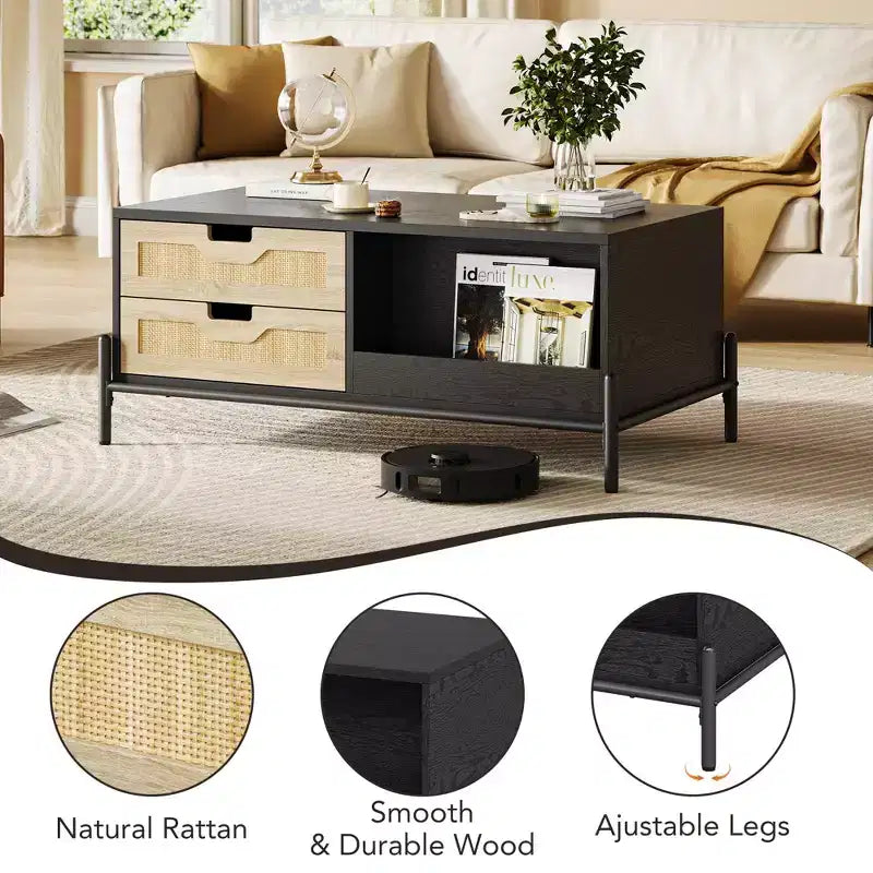 Table basse en rotin du milieu du siècle avec lumières LED, 4 tiroirs et étagère de rangement ouverte, table de salon en bois style ferme