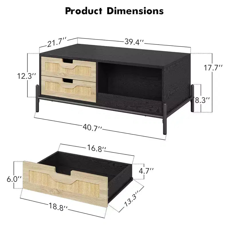 Table basse en rotin du milieu du siècle avec lumières LED, 4 tiroirs et étagère de rangement ouverte, table de salon en bois style ferme