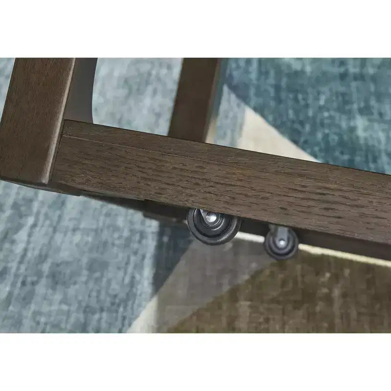 Table basse - Finition bois marron foncé avec roulettes, Étagère de rangement inférieure