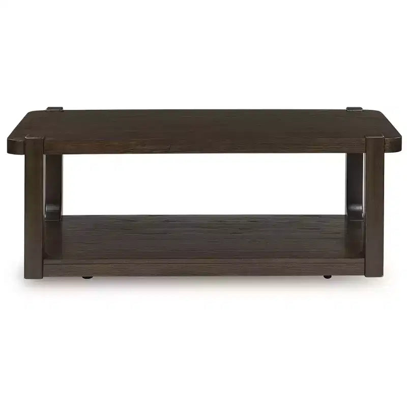 Table basse - Finition bois marron foncé avec roulettes, Étagère de rangement inférieure