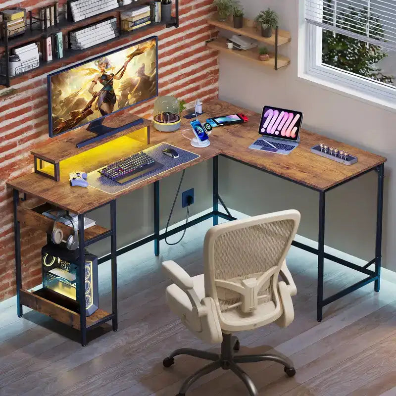 Bureau de jeu en L de 60 pouces avec prises de courant et lumières LED, bureau d'angle avec crochet, bureau d'ordinateur convertible pour chambre à coucher
