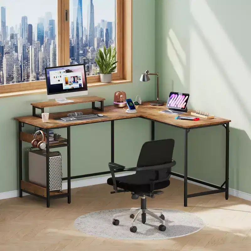Bureau de jeu en L de 60 pouces avec prises de courant et lumières LED, bureau d'angle avec crochet, bureau d'ordinateur convertible pour chambre à coucher
