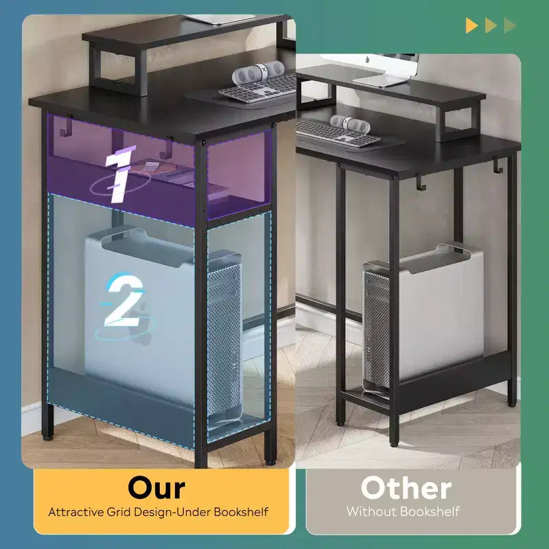 Bureau de jeu en L de 60 pouces avec prises de courant et lumières LED, bureau d'angle avec crochet, bureau d'ordinateur convertible pour chambre à coucher