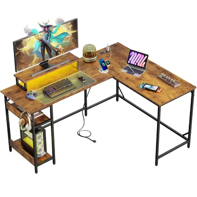 Bureau de jeu en L de 60 pouces avec prises de courant et lumières LED, bureau d'angle avec crochet, bureau d'ordinateur convertible pour chambre à coucher