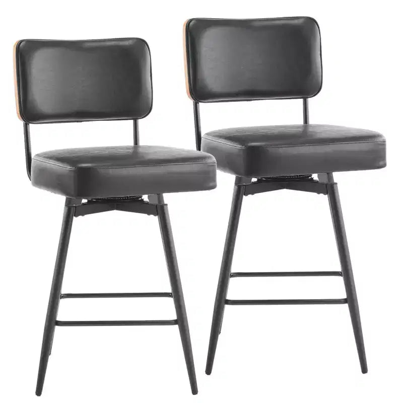 Lot de 2 tabourets de bar noirs en cuir PU avec dossier en bois courbé, base en fer, pivotants