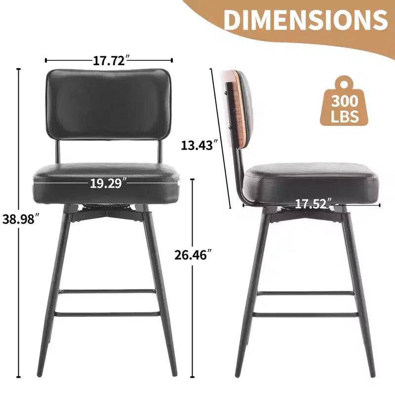 Lot de 2 tabourets de bar noirs en cuir PU avec dossier en bois courbé, base en fer, pivotants