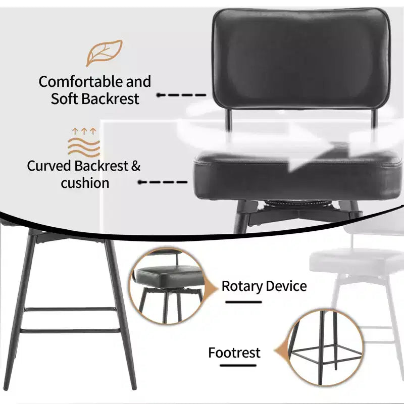 Lot de 2 tabourets de bar noirs en cuir PU avec dossier en bois courbé, base en fer, pivotants