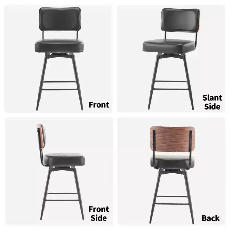 Lot de 2 tabourets de bar noirs en cuir PU avec dossier en bois courbé, base en fer, pivotants