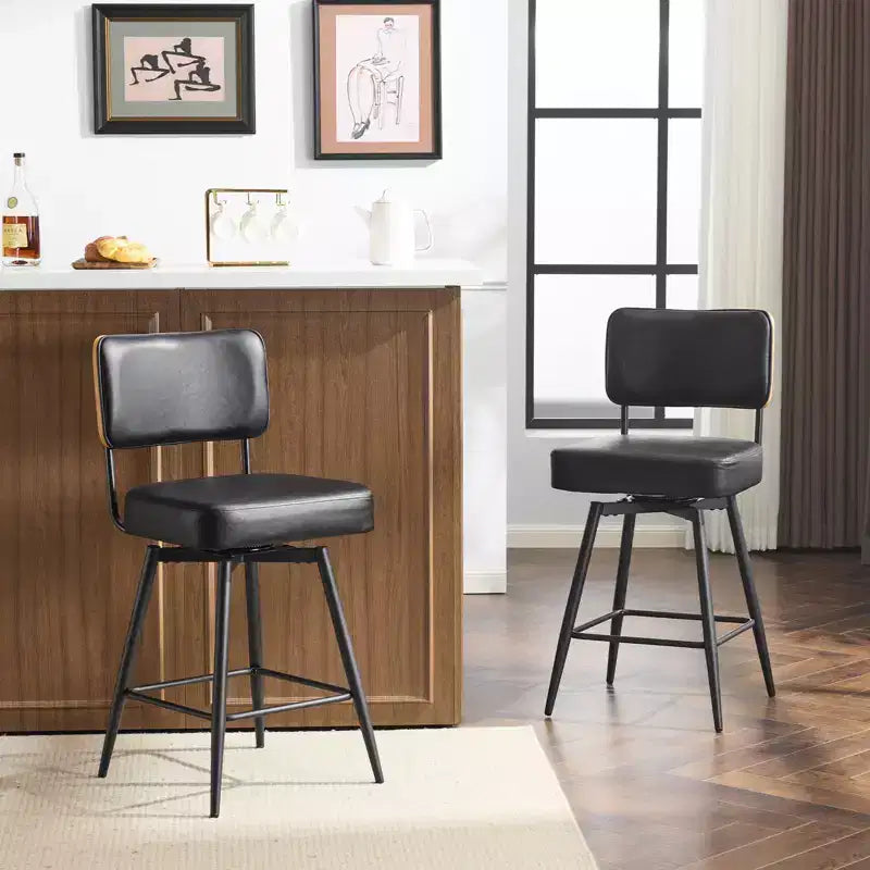 Lot de 2 tabourets de bar noirs en cuir PU avec dossier en bois courbé, base en fer, pivotants