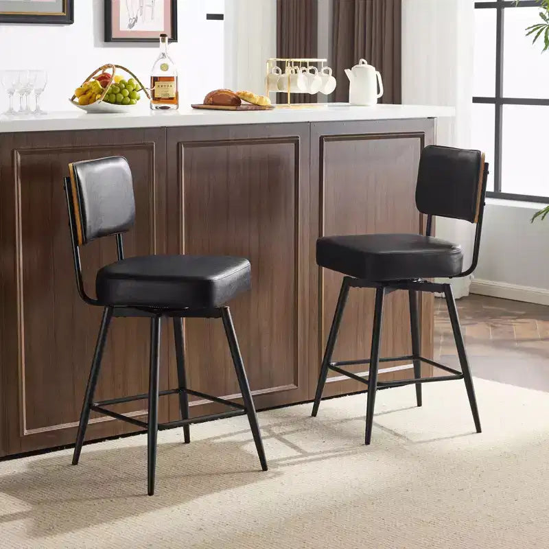Lot de 2 tabourets de bar noirs en cuir PU avec dossier en bois courbé, base en fer, pivotants