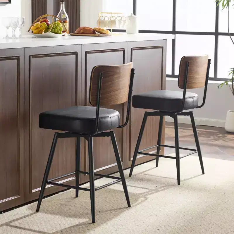 Lot de 2 tabourets de bar noirs en cuir PU avec dossier en bois courbé, base en fer, pivotants