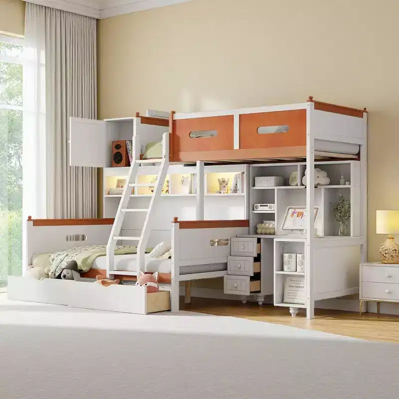 Lit superposé double sur double avec bureau, armoire de rangement, tiroirs et étagères