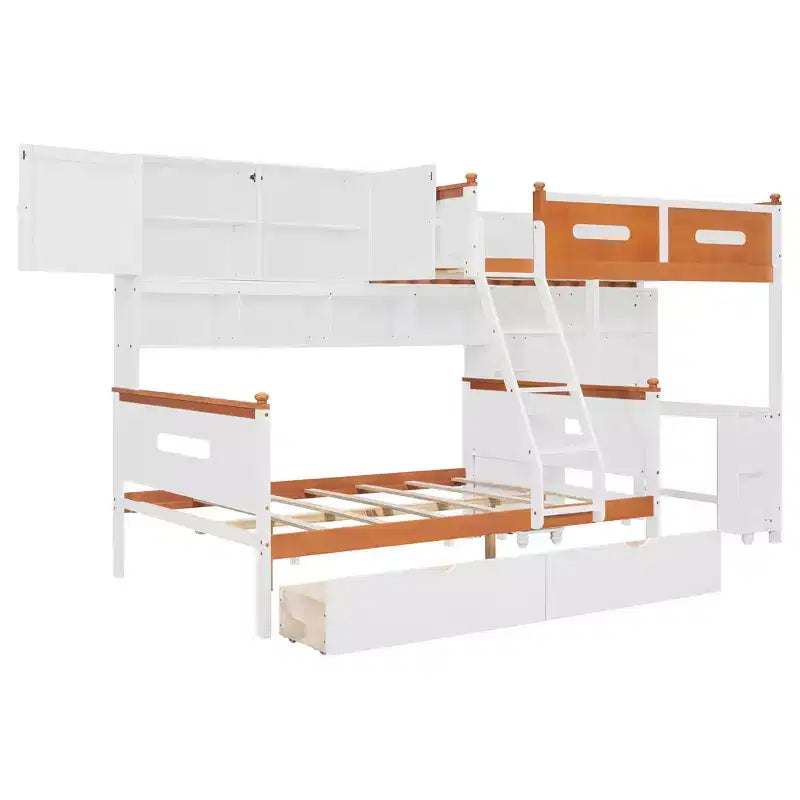 Lit superposé double sur double avec bureau, armoire de rangement, tiroirs et étagères