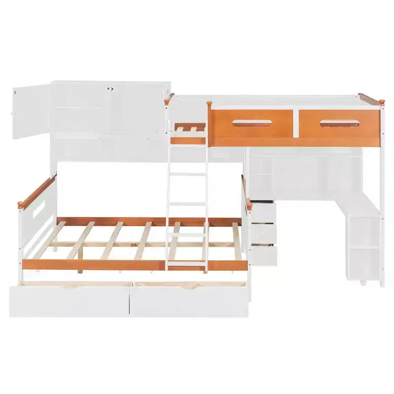 Lit superposé double sur double avec bureau, armoire de rangement, tiroirs et étagères