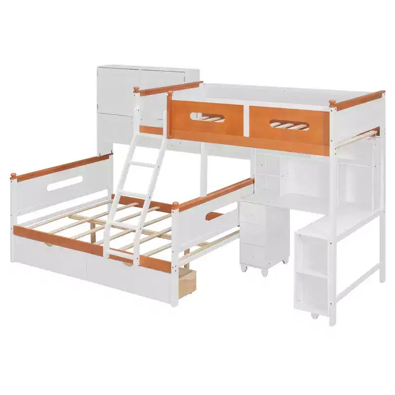 Lit superposé double sur double avec bureau, armoire de rangement, tiroirs et étagères