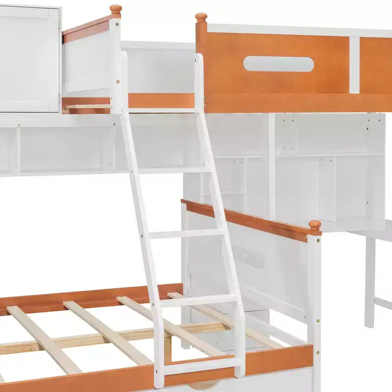 Lit superposé double sur double avec bureau, armoire de rangement, tiroirs et étagères