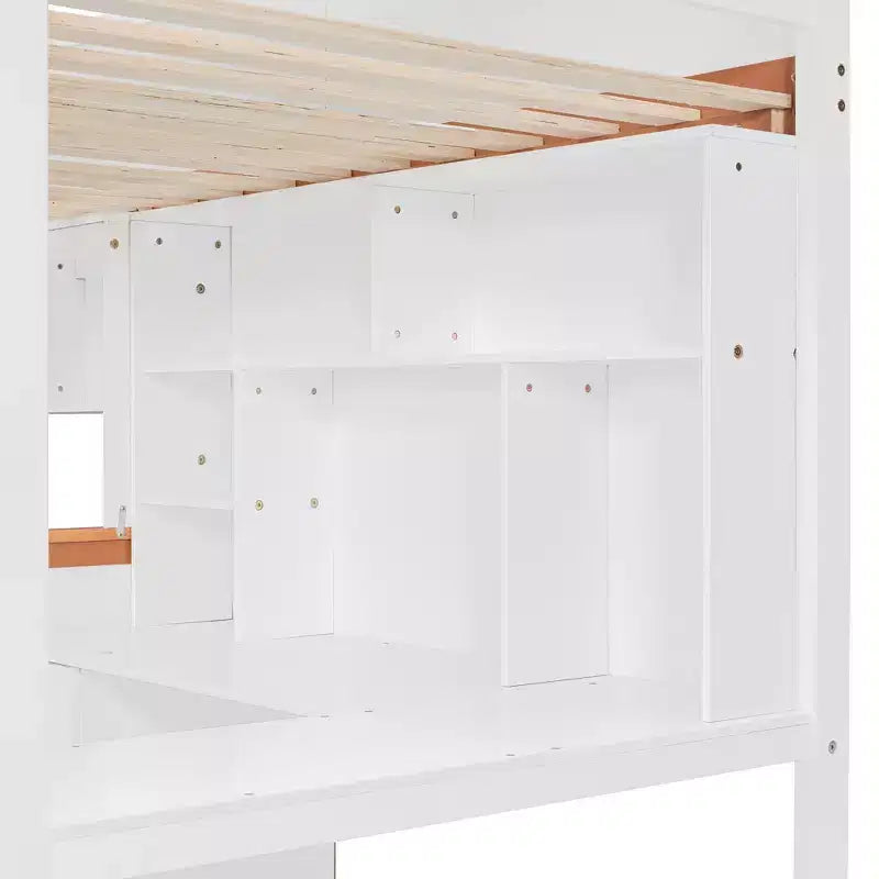 Lit superposé double sur double avec bureau, armoire de rangement, tiroirs et étagères