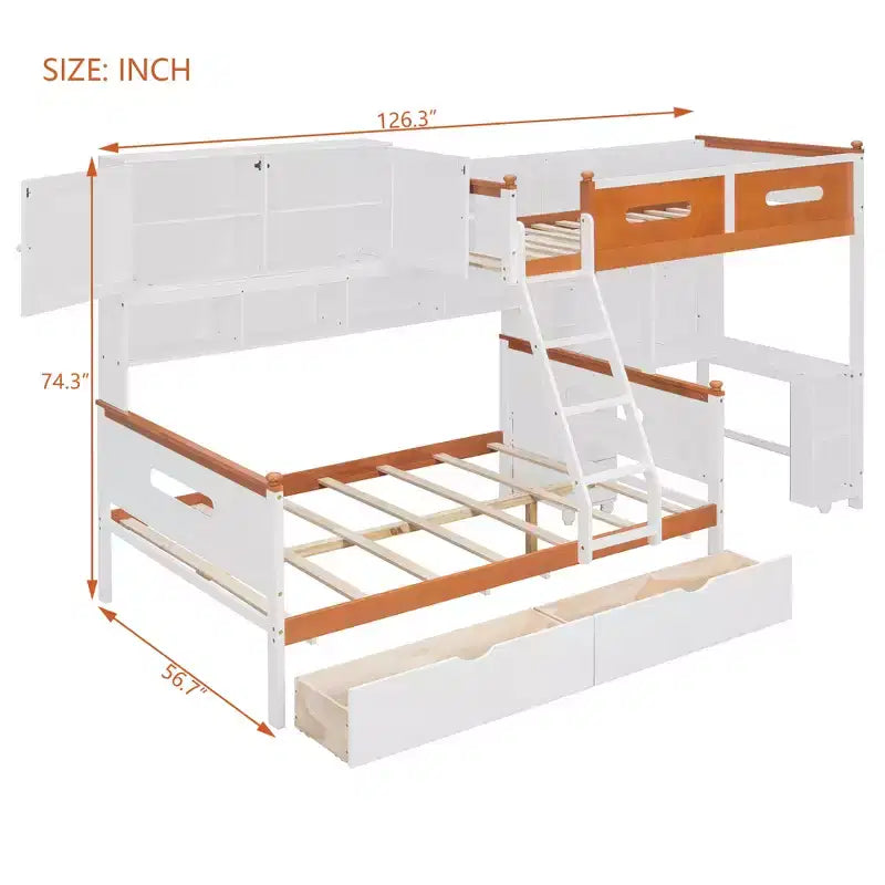 Lit superposé double sur double avec bureau, armoire de rangement, tiroirs et étagères