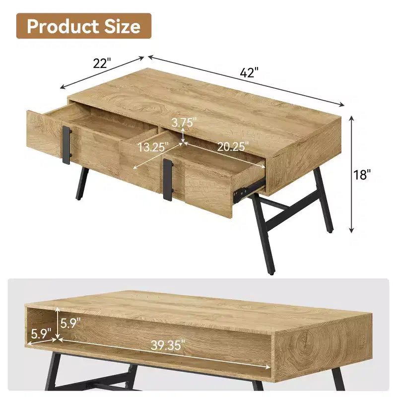 Table basse en bois, table basse de style moderne du milieu du siècle avec tiroir et étagère ouverte pour salon, bois naturel