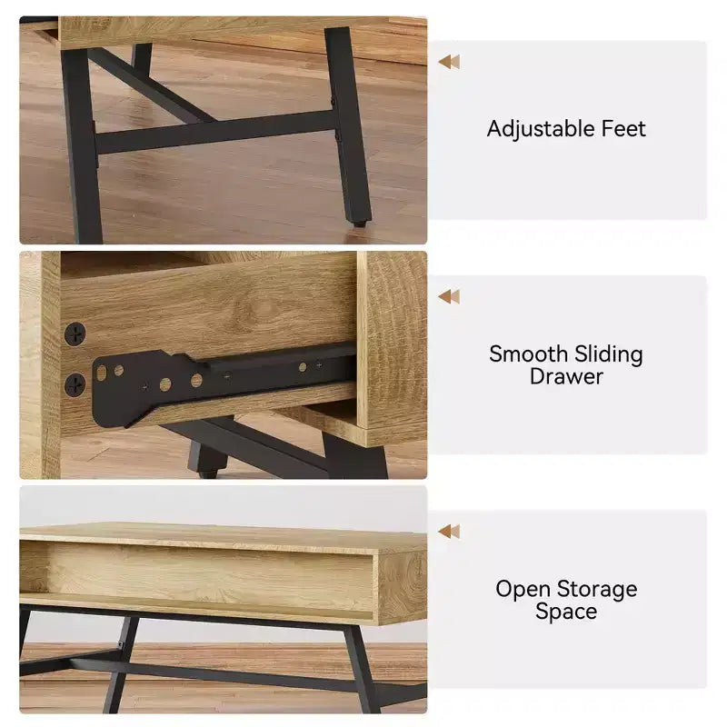 Table basse en bois, table basse de style moderne du milieu du siècle avec tiroir et étagère ouverte pour salon, bois naturel