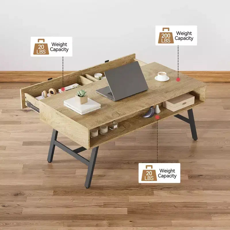 Table basse en bois, table basse de style moderne du milieu du siècle avec tiroir et étagère ouverte pour salon, bois naturel