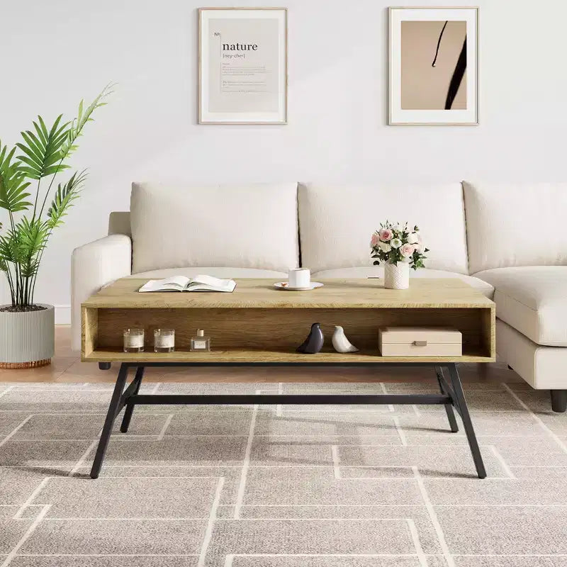 Table basse en bois, table basse de style moderne du milieu du siècle avec tiroir et étagère ouverte pour salon, bois naturel