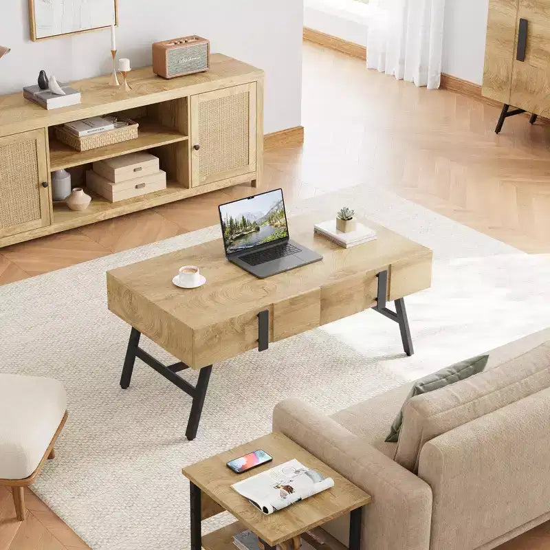 Table basse en bois, table basse de style moderne du milieu du siècle avec tiroir et étagère ouverte pour salon, bois naturel