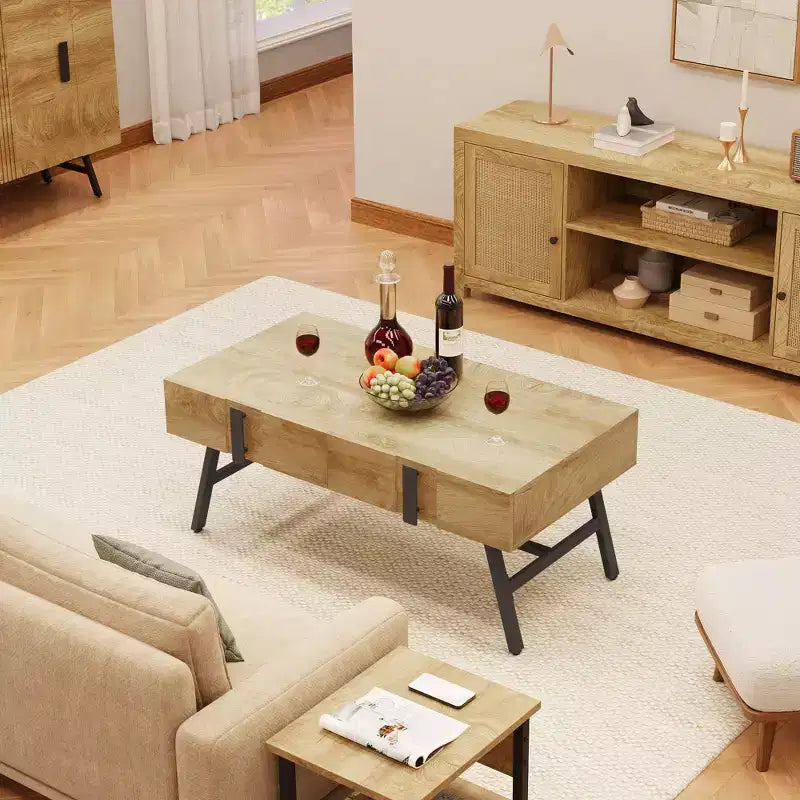 Table basse en bois, table basse de style moderne du milieu du siècle avec tiroir et étagère ouverte pour salon, bois naturel