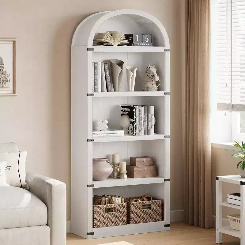 Bibliothèque en bois avec portes, étagère de 182 cm de haut avec arche, meuble de style ferme avec étagères pour bureau à domicile, salon