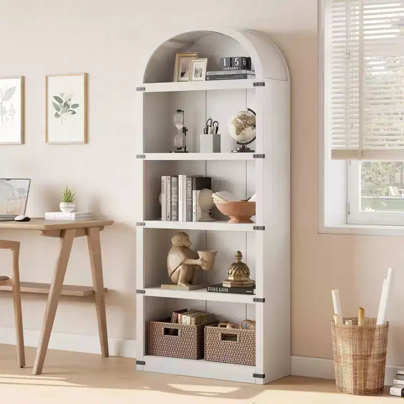 Bibliothèque en bois avec portes, étagère de 182 cm de haut avec arche, meuble de style ferme avec étagères pour bureau à domicile, salon