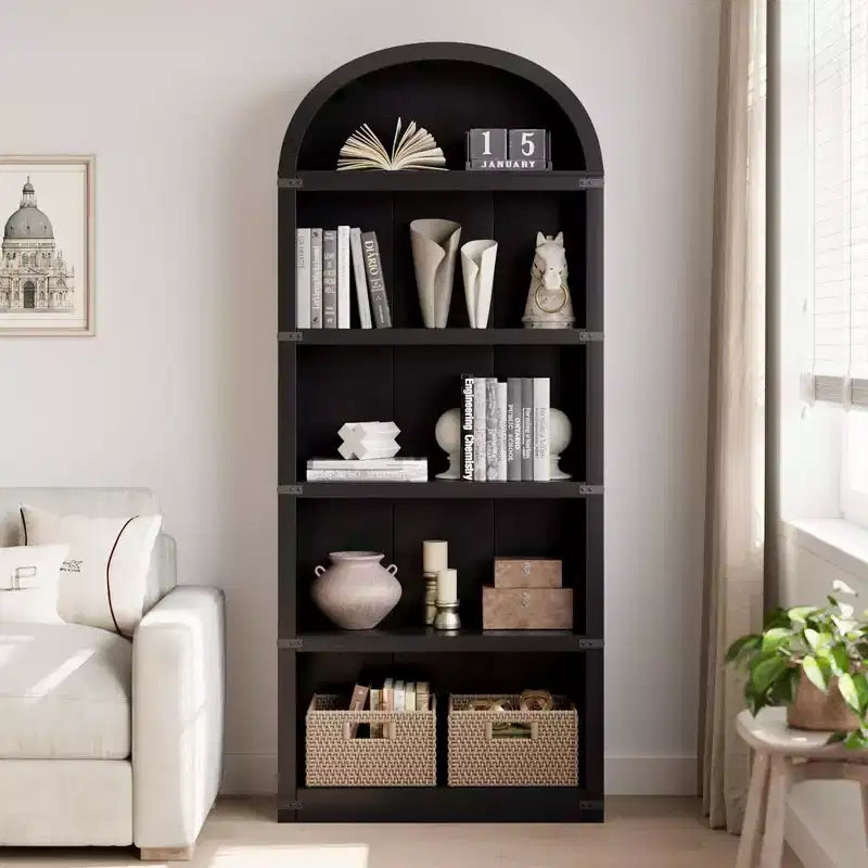 Bibliothèque en bois avec portes, étagère de 182 cm de haut avec arche, meuble de style ferme avec étagères pour bureau à domicile, salon