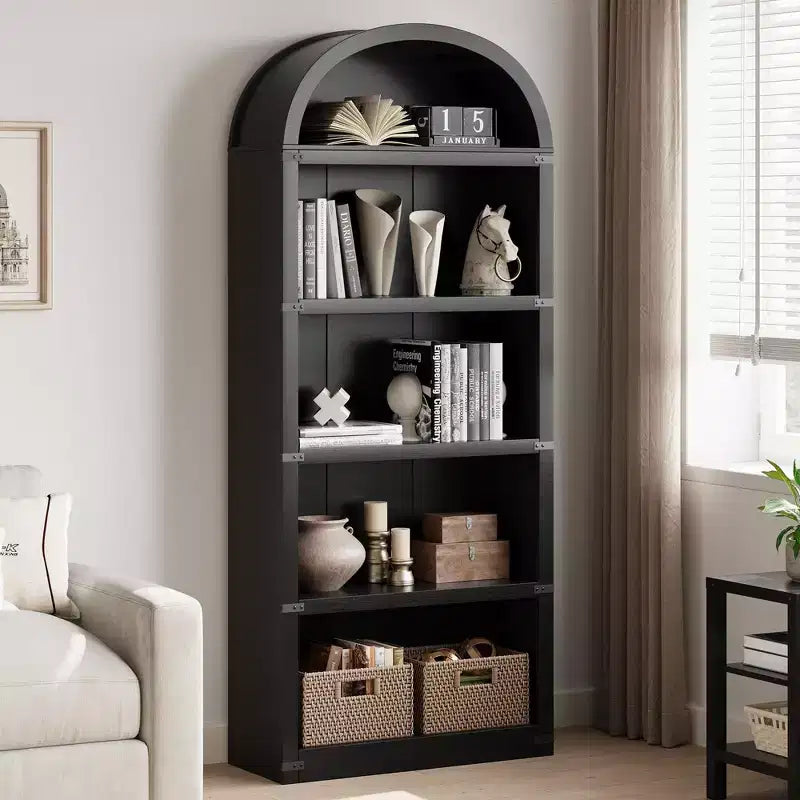 Bibliothèque en bois avec portes, étagère de 182 cm de haut avec arche, meuble de style ferme avec étagères pour bureau à domicile, salon