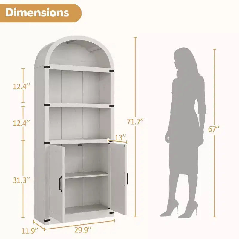Bibliothèque en bois avec portes, étagère de 182 cm de haut avec arche, meuble de style ferme avec étagères pour bureau à domicile, salon
