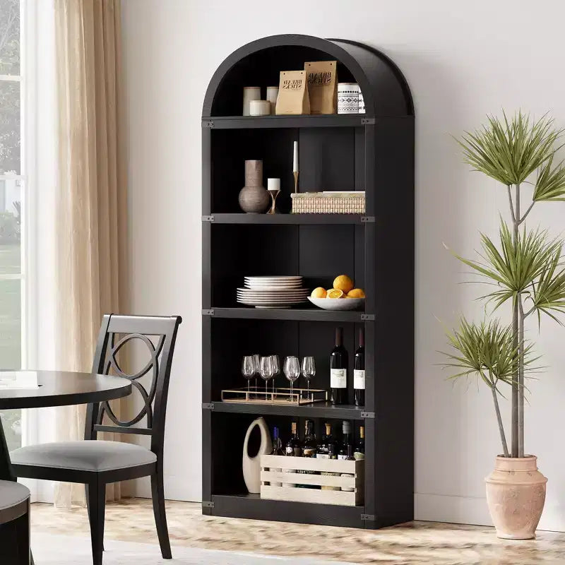 Bibliothèque en bois avec portes, étagère de 182 cm de haut avec arche, meuble de style ferme avec étagères pour bureau à domicile, salon