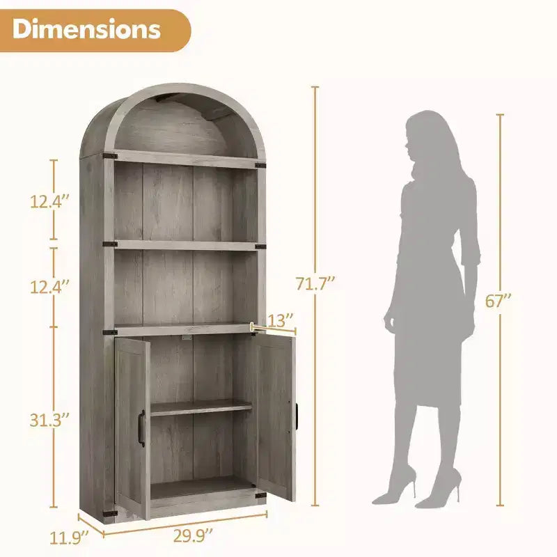 Bibliothèque en bois avec portes, étagère de 182 cm de haut avec arche, meuble de style ferme avec étagères pour bureau à domicile, salon