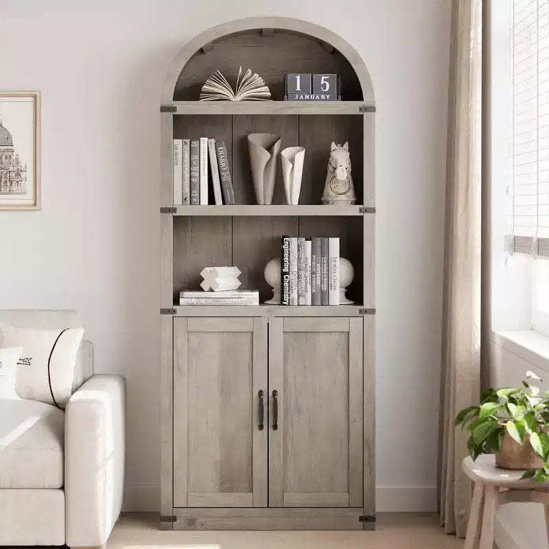 Bibliothèque en bois avec portes, étagère de 182 cm de haut avec arche, meuble de style ferme avec étagères pour bureau à domicile, salon