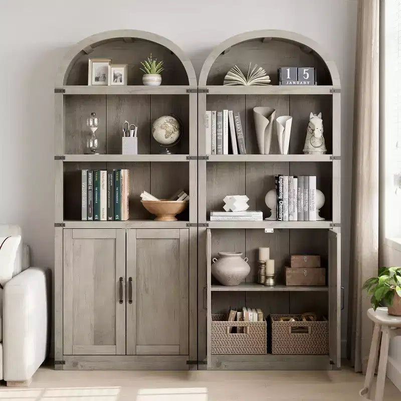 Bibliothèque en bois avec portes, étagère de 182 cm de haut avec arche, meuble de style ferme avec étagères pour bureau à domicile, salon