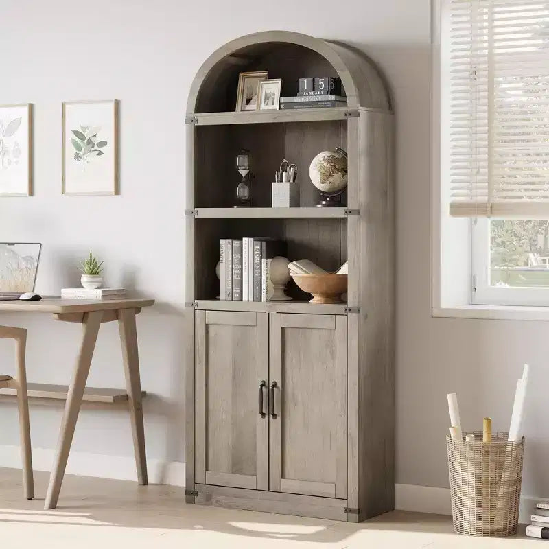 Bibliothèque en bois avec portes, étagère de 182 cm de haut avec arche, meuble de style ferme avec étagères pour bureau à domicile, salon