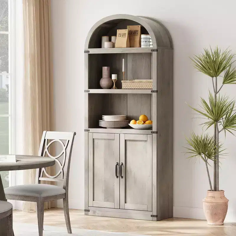 Bibliothèque en bois avec portes, étagère de 182 cm de haut avec arche, meuble de style ferme avec étagères pour bureau à domicile, salon