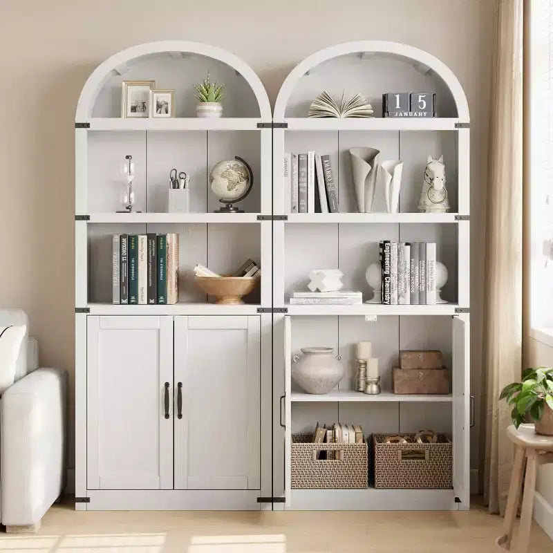 Bibliothèque en bois avec portes, étagère de 182 cm de haut avec arche, meuble de style ferme avec étagères pour bureau à domicile, salon