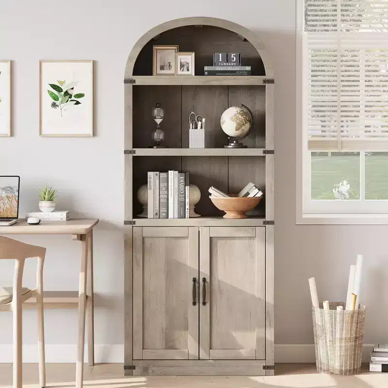 Bibliothèque en bois avec portes, étagère de 182 cm de haut avec arche, meuble de style ferme avec étagères pour bureau à domicile, salon