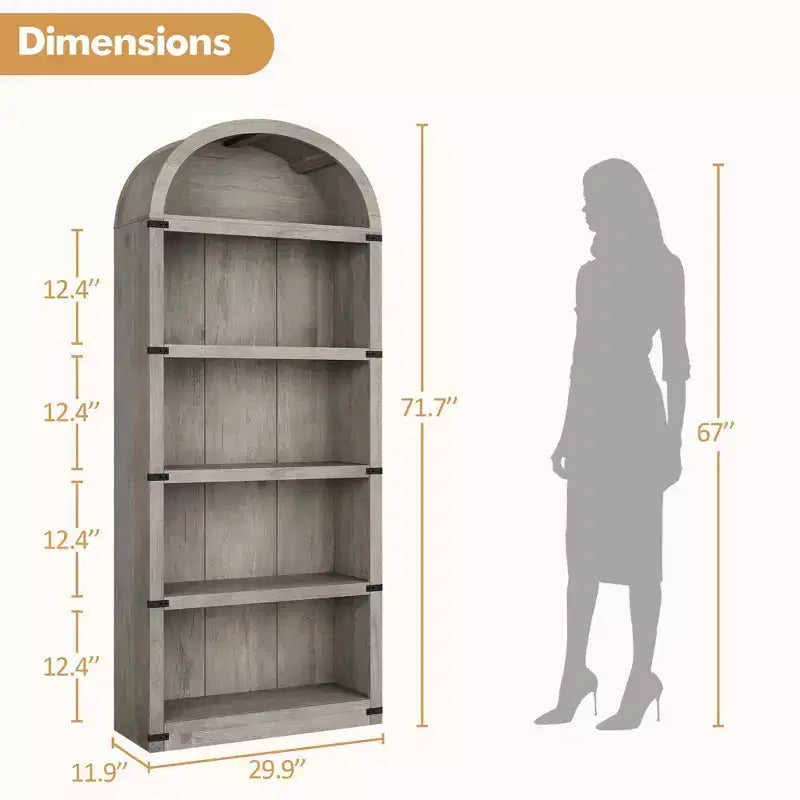 Bibliothèque en bois avec portes, étagère de 182 cm de haut avec arche, meuble de style ferme avec étagères pour bureau à domicile, salon