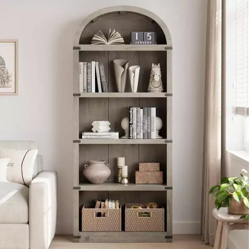 Bibliothèque en bois avec portes, étagère de 182 cm de haut avec arche, meuble de style ferme avec étagères pour bureau à domicile, salon